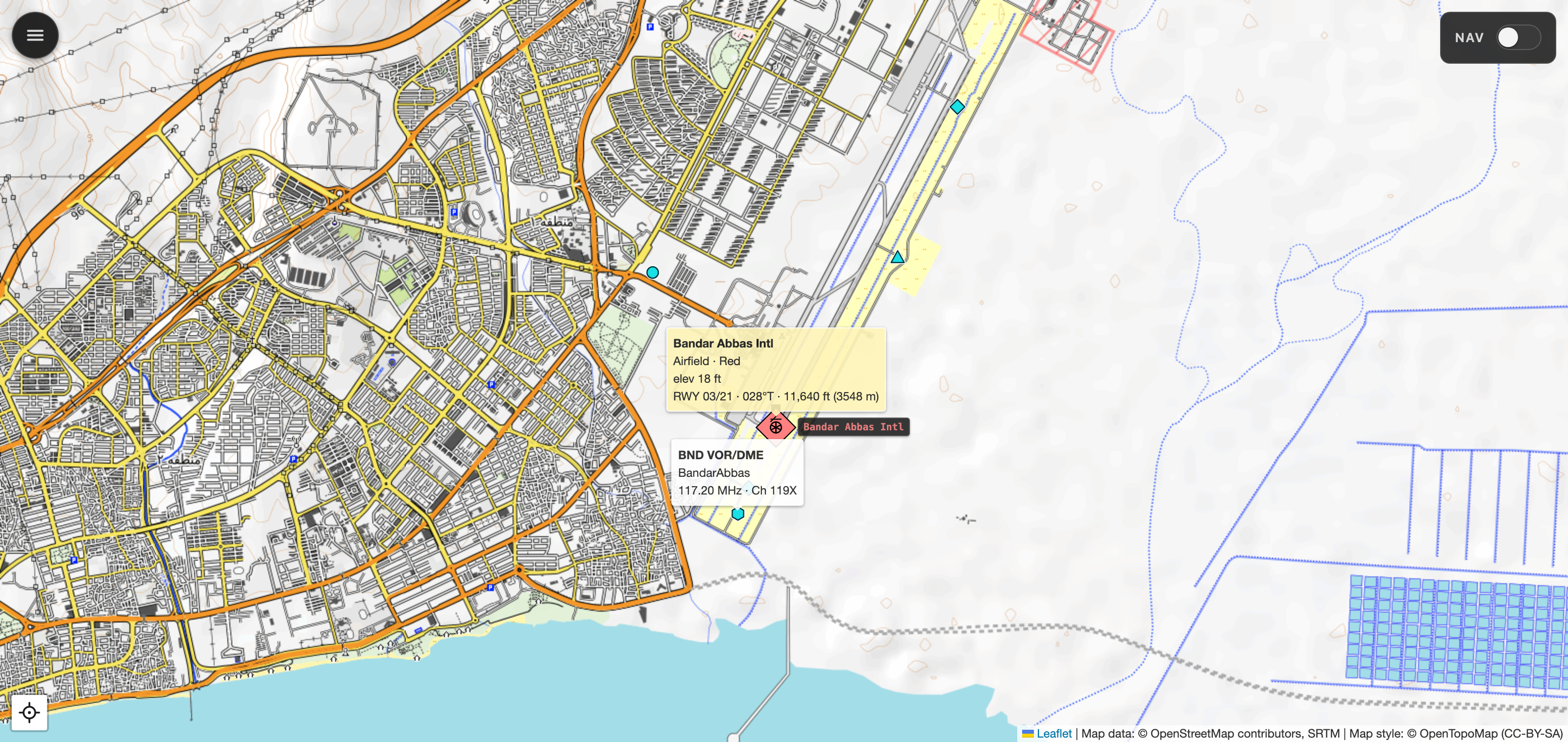 A topographic view of Bandar Abbas airfield with its MIL-STD-2525C installation symbol and runway overlay, cyan navaid glyphs (VOR/DME, TACAN, NDB, ILS), and two open tooltips - the airfield's runway data and a navaid's frequency and channel.