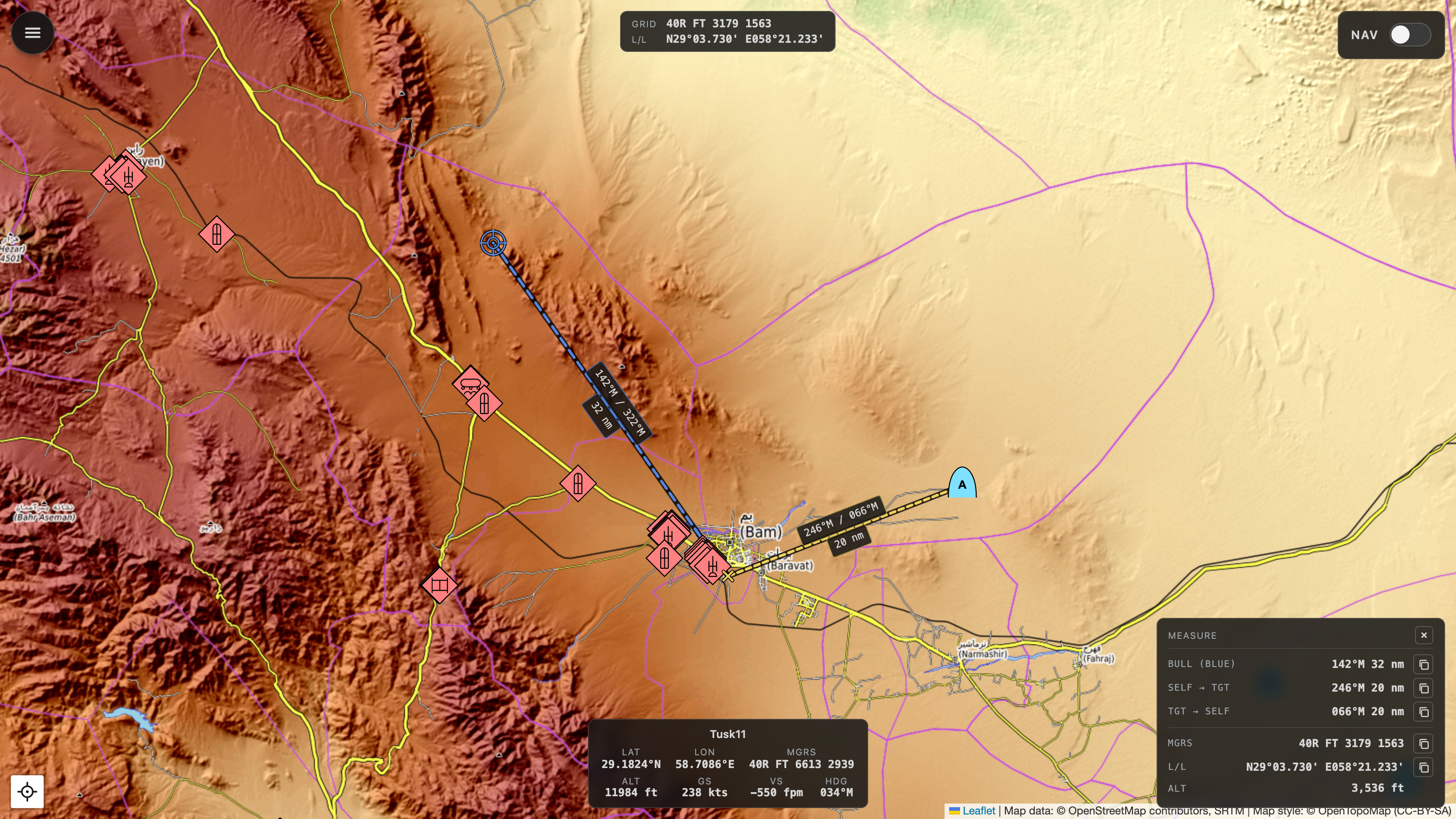 BRA measurement tool showing bearing, range, and elevation between two points.