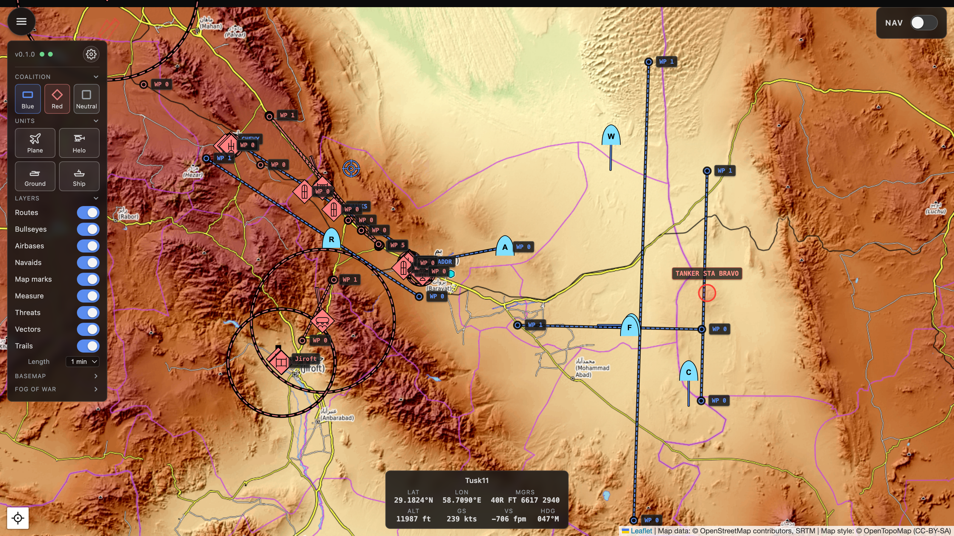 MizMap viewer with the filter panel open on the left, showing toggles for coalitions, unit types, and map layers.