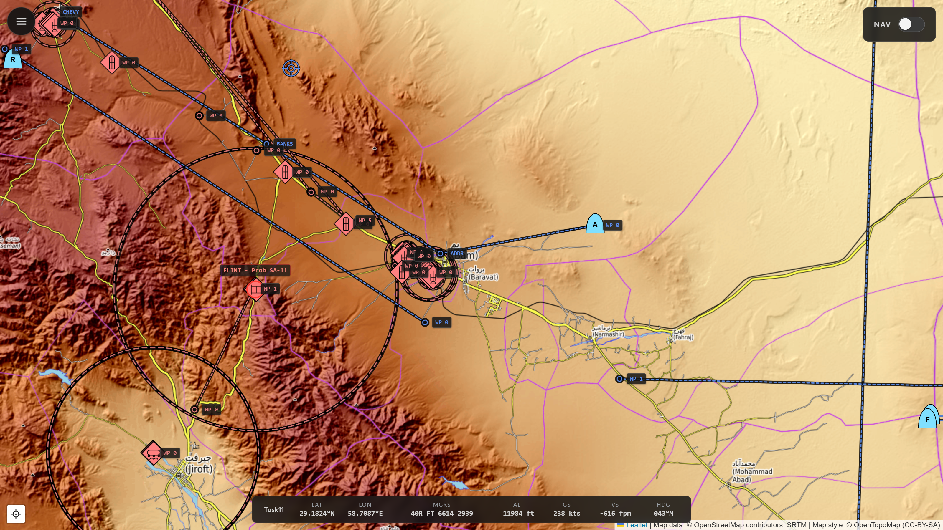 MizMap viewer showing a topographic map with NATO and Warsaw Pact unit symbols, threat rings, and a flight plan overlay.