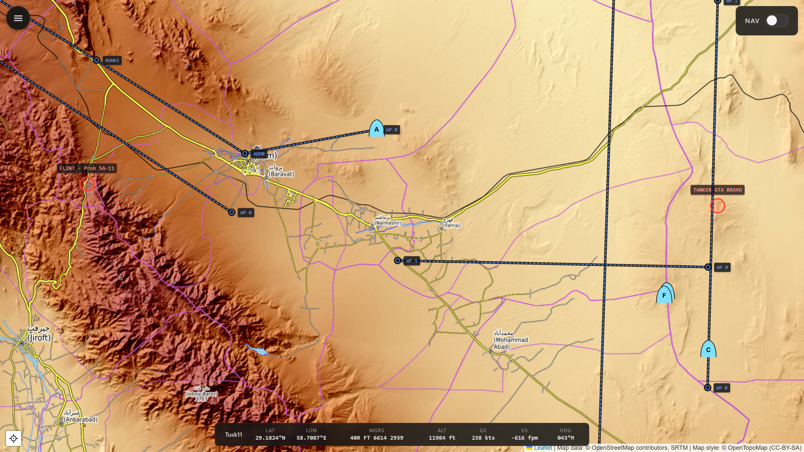 Flight plan polyline overlay with waypoint labels and F10 map marks.