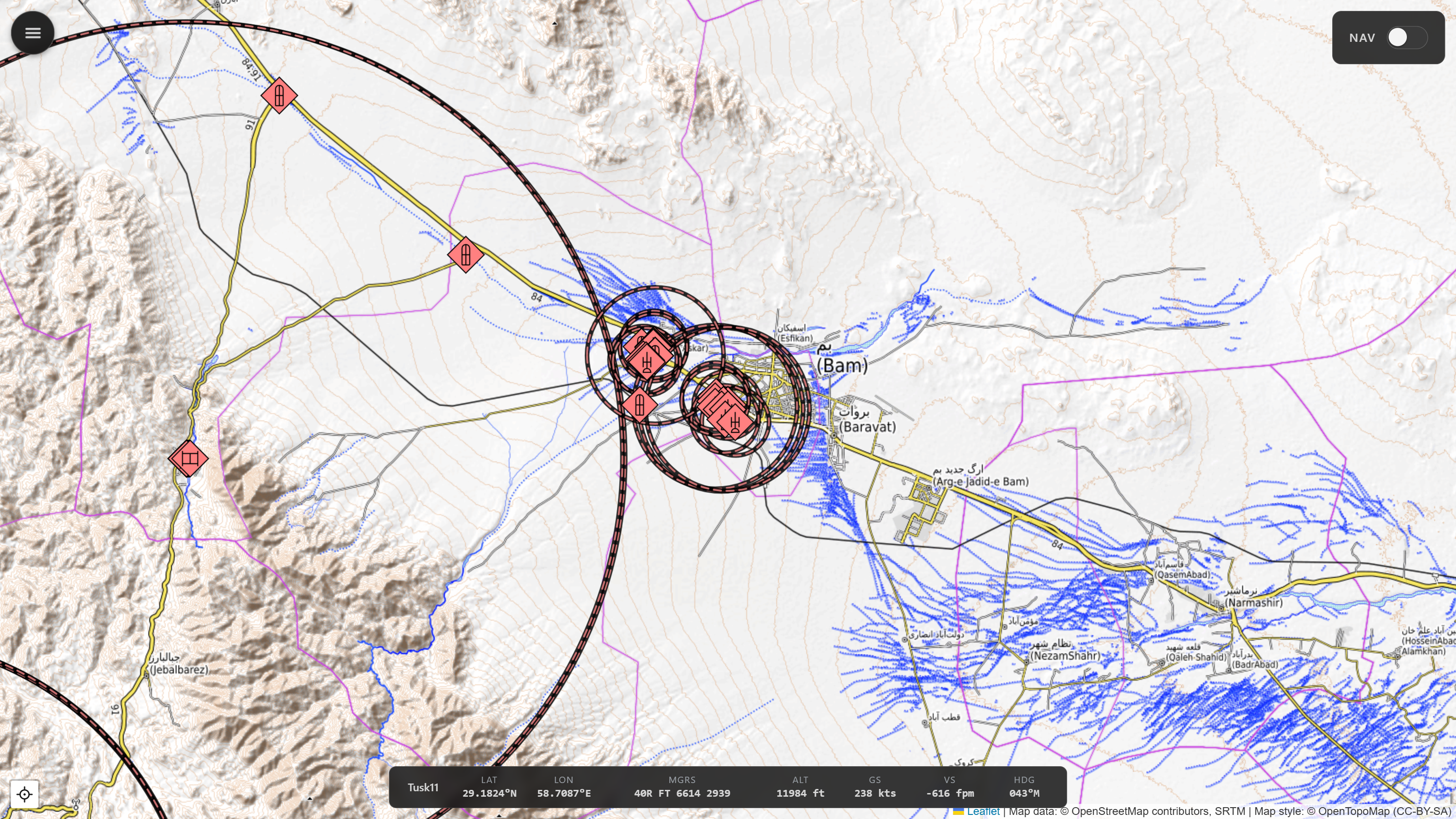 SAM threat rings drawn around ground-based air defense units on the map.